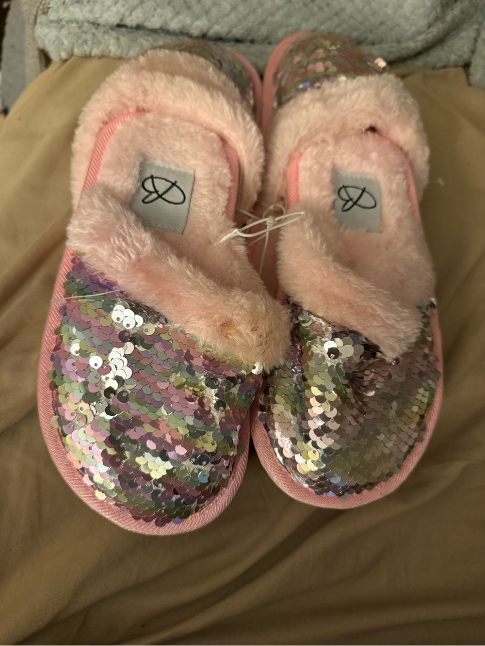 Bobbie Brooks Pink Sequin Fuzzy Slip-On Kids Slippers
